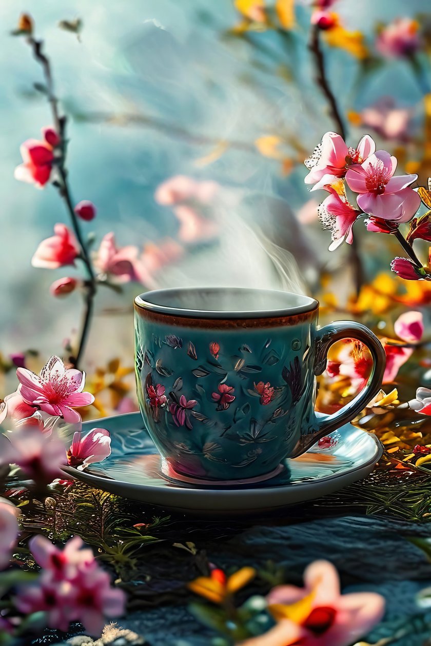 Una tazza di caffè surreale foderata di fiori per decorazione murale moderna da F. Abderrahim