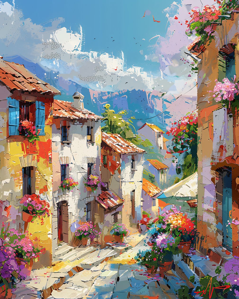 Dipinto astratto: case colorate in una vecchia città tradizionale, decorazione murale da F. Abderrahim