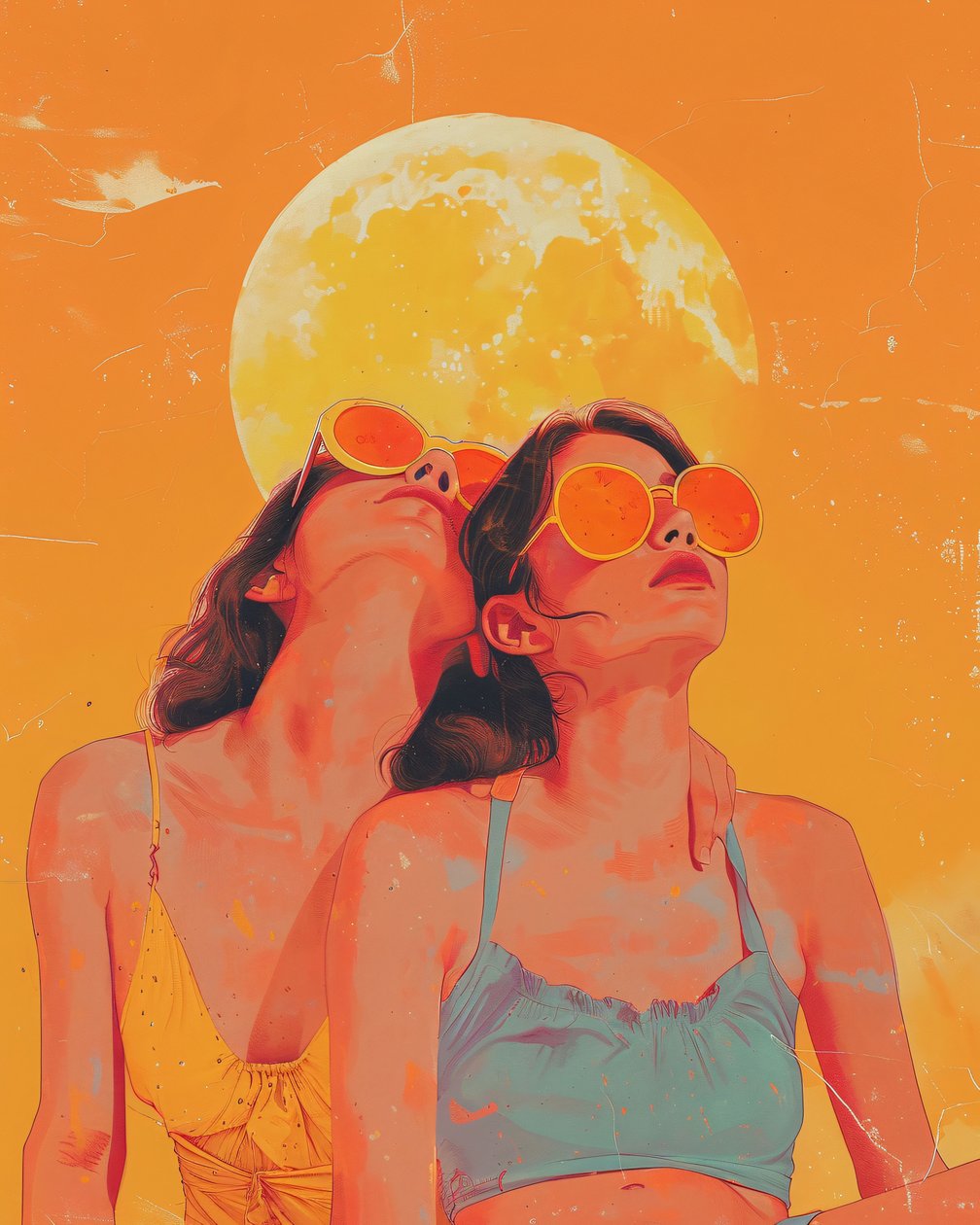 Ritratto astratto: due donne con occhiali da sole e tramonto dietro, stampe murali da F. Abderrahim