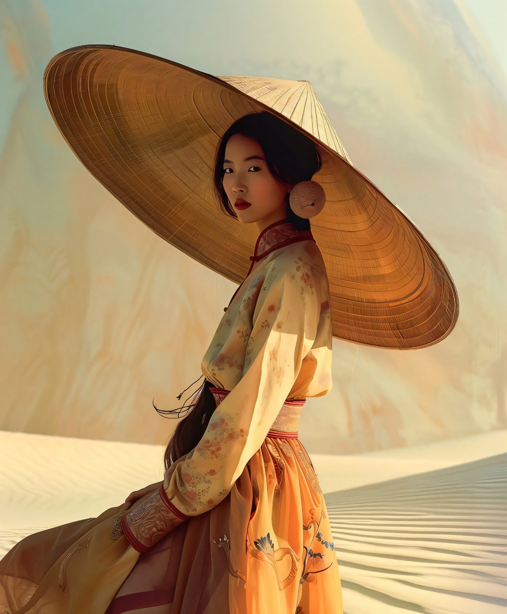 Donna cinese in un kimono giallo nel deserto | stampe murali di figure asiatiche da F. Abderrahim
