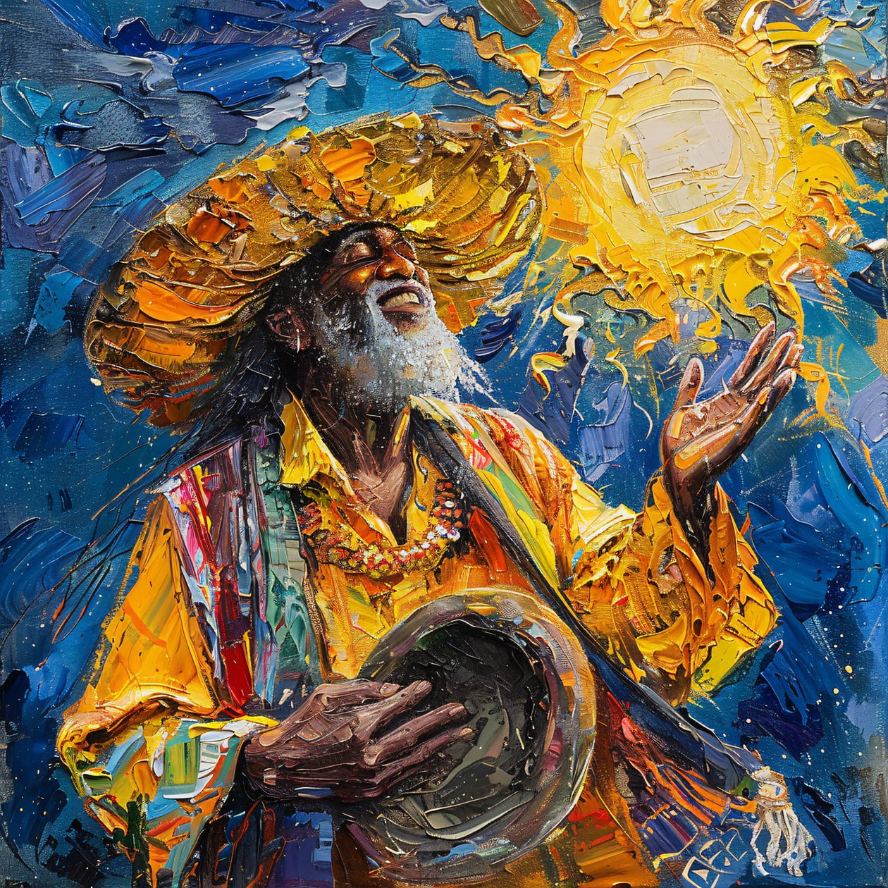 Uomo messicano felice con cappello che balla, pittura in stile Van Gogh da F. Abderrahim