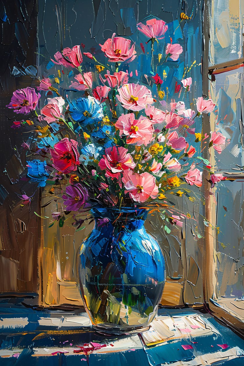 Dipinto a olio di fiori rosa e blu disordinati da F. Abderrahim