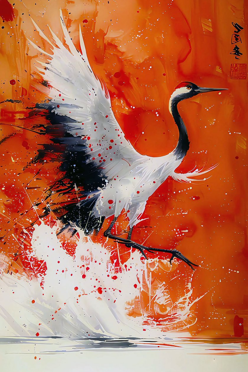Cicogna dipinta in colori caldi in stile artistico asiatico da F. Abderrahim