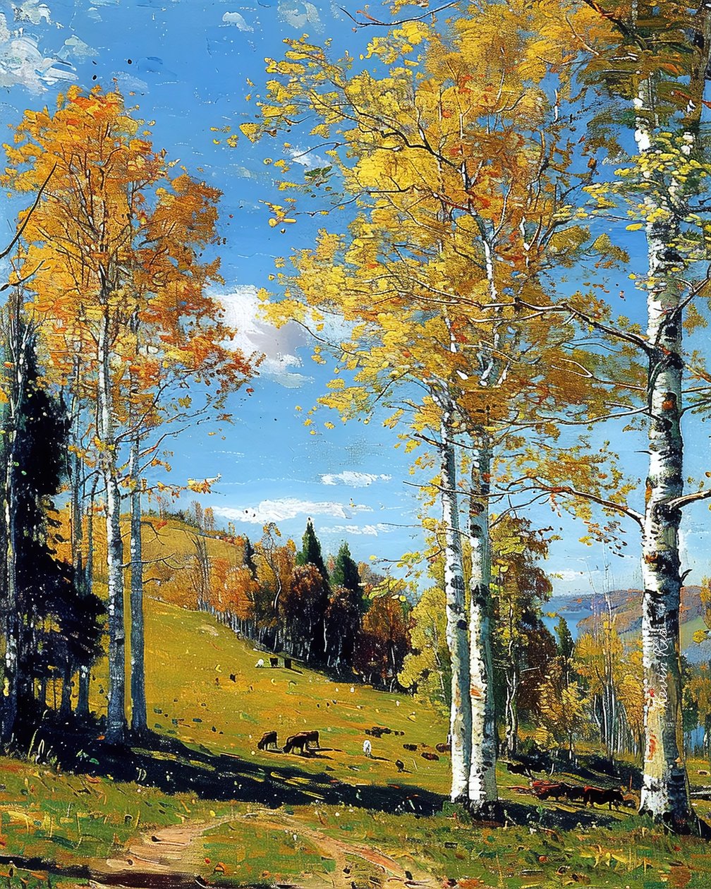 Paesaggio con bosco di betulle e fogliame vivace, decorazione murale per qualsiasi ambiente da F. Abderrahim