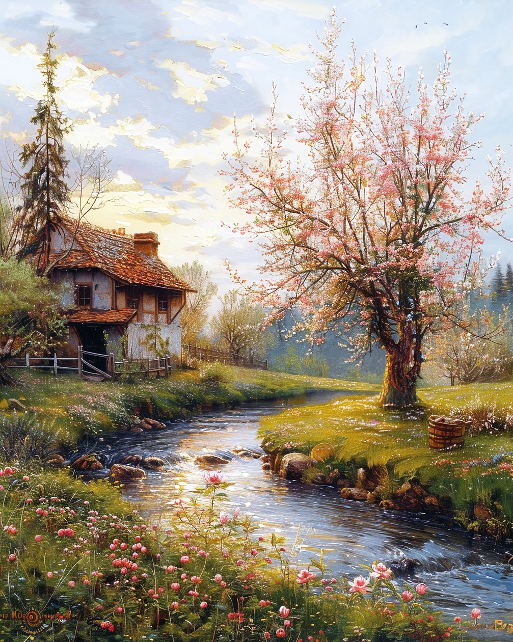 Vecchia casa e paesaggio con fiume che scorre, decorazione murale con cornice da F. Abderrahim