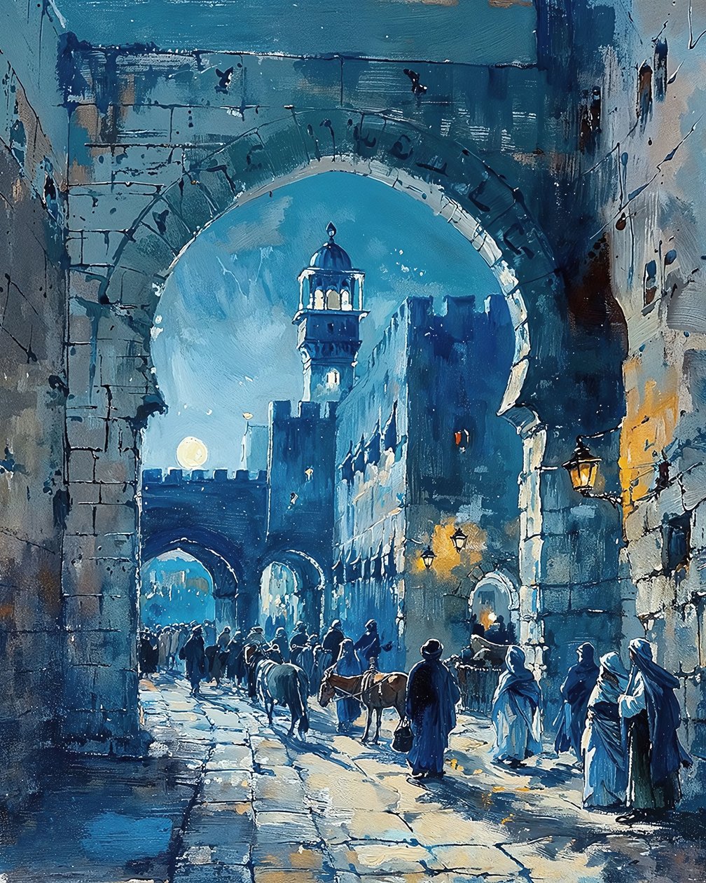 Una porta della città araba e un mercato medievale, Damasco Stampe su tela da F. Abderrahim
