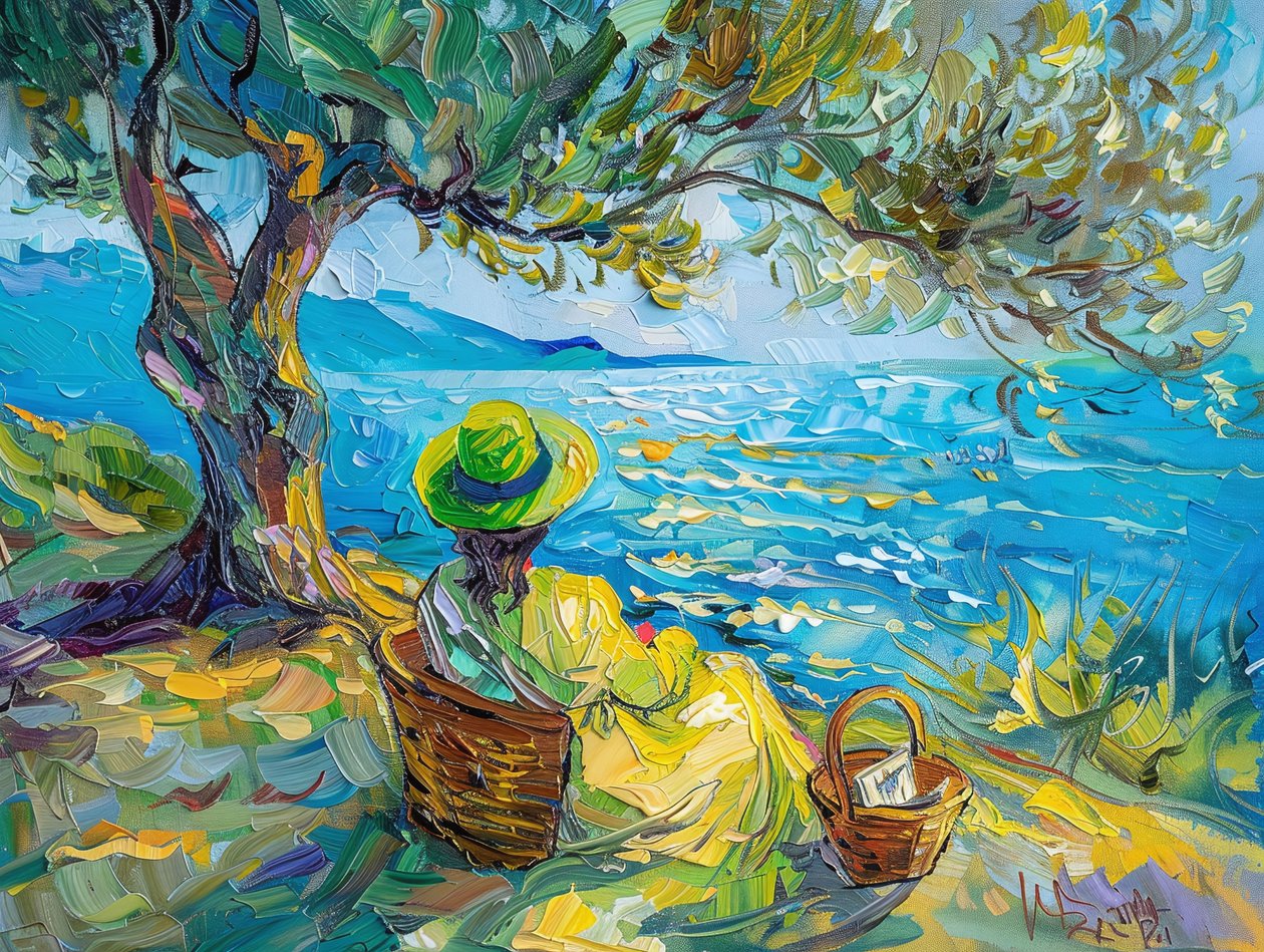 Pittura ad olio astratta colorata: donna moderna con verde e blu da F. Abderrahim