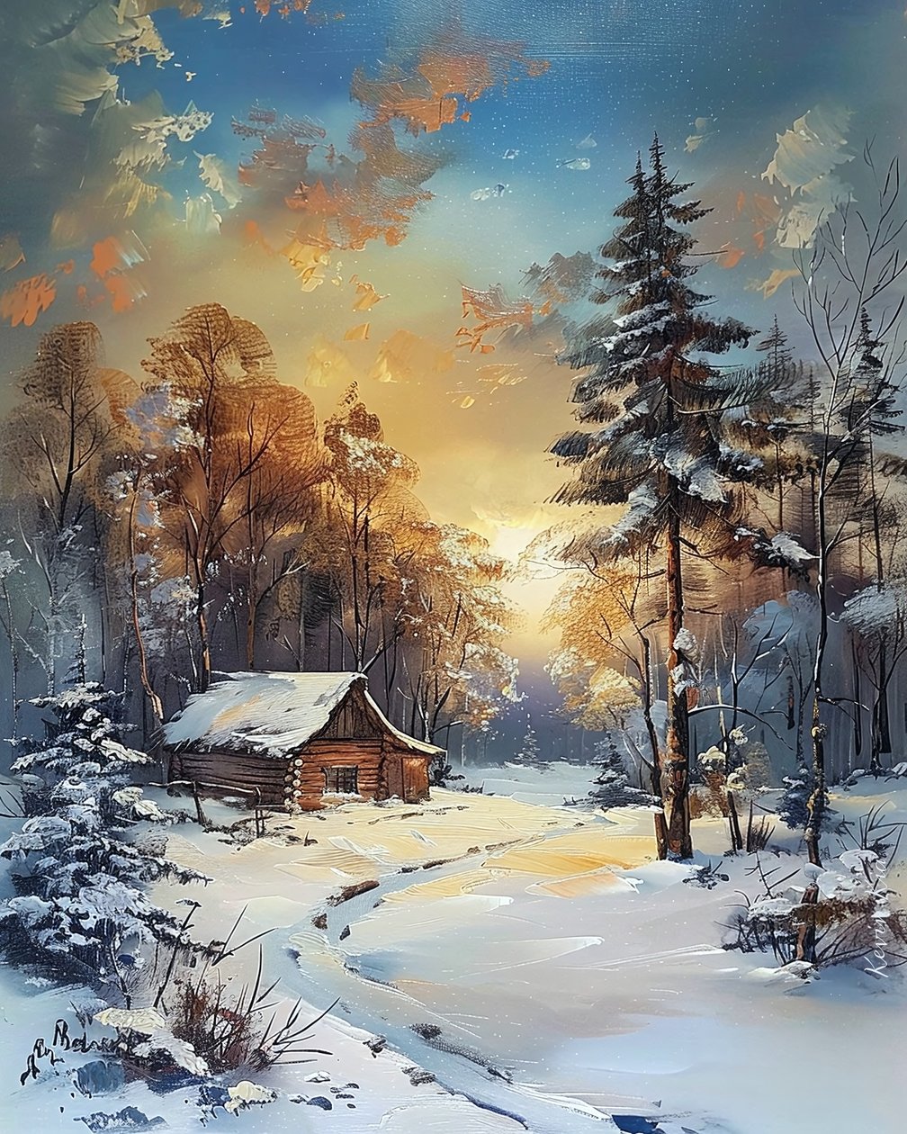 Capanna nel mezzo di una foresta e della neve, paesaggio invernale decorazione murale da F. Abderrahim