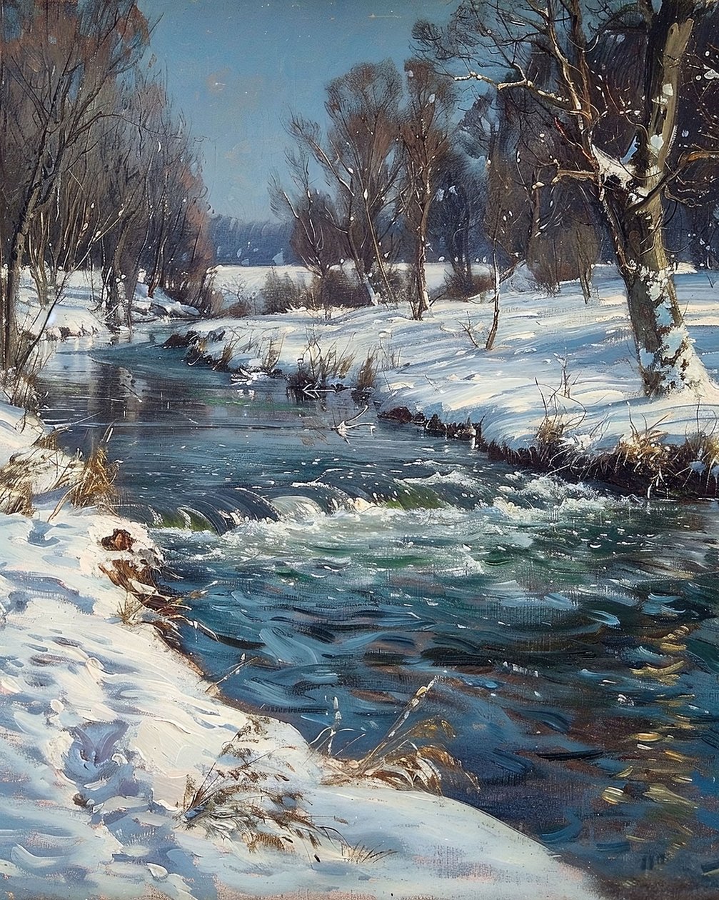 Paesaggio di un ruscello in inverno e neve, idee di decorazione murale da F. Abderrahim