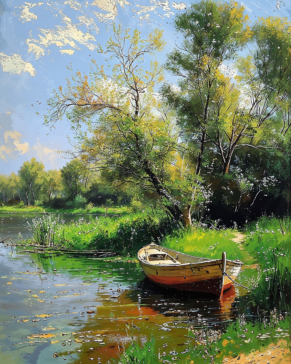 Barca sul bordo di un lago con acqua limpida, paesaggio decorazione murale da F. Abderrahim