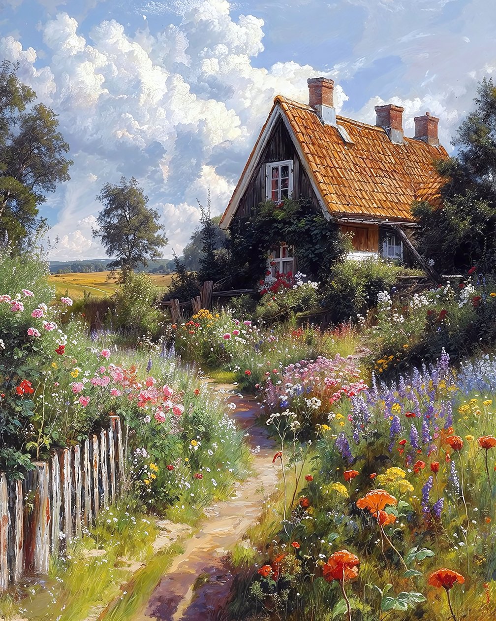 Bella casa, giardino fiorito, paesaggio botanico, stampe su tela da F. Abderrahim