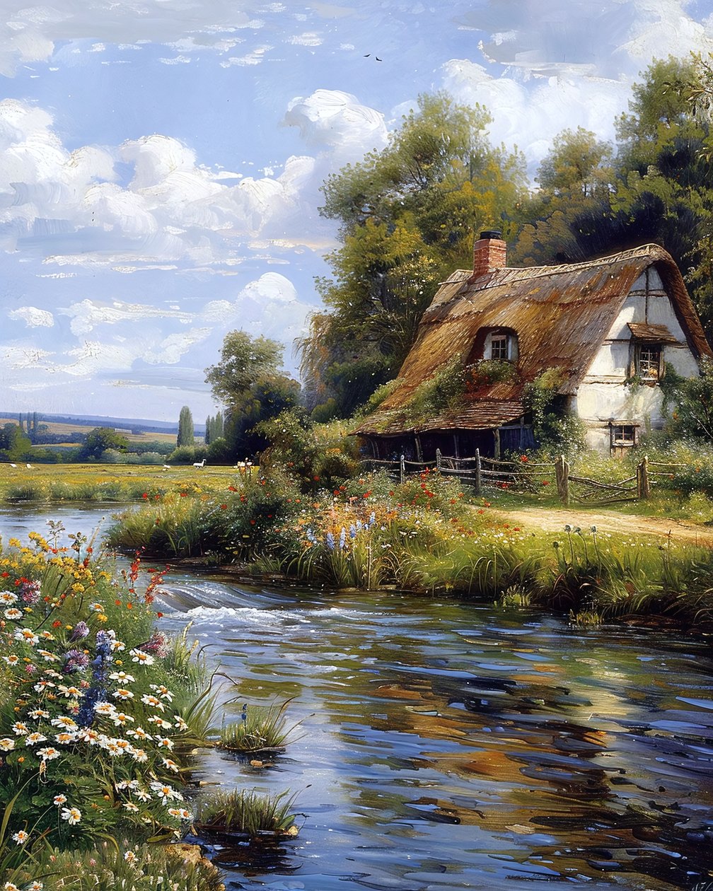 Casa in campagna vicino a un fiume, paesaggio in vendita online Wall Decor da F. Abderrahim
