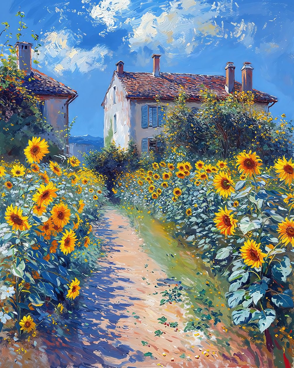 Campo di girasoli accanto a un villaggio tradizionale, idee di decorazione murale moderna da F. Abderrahim