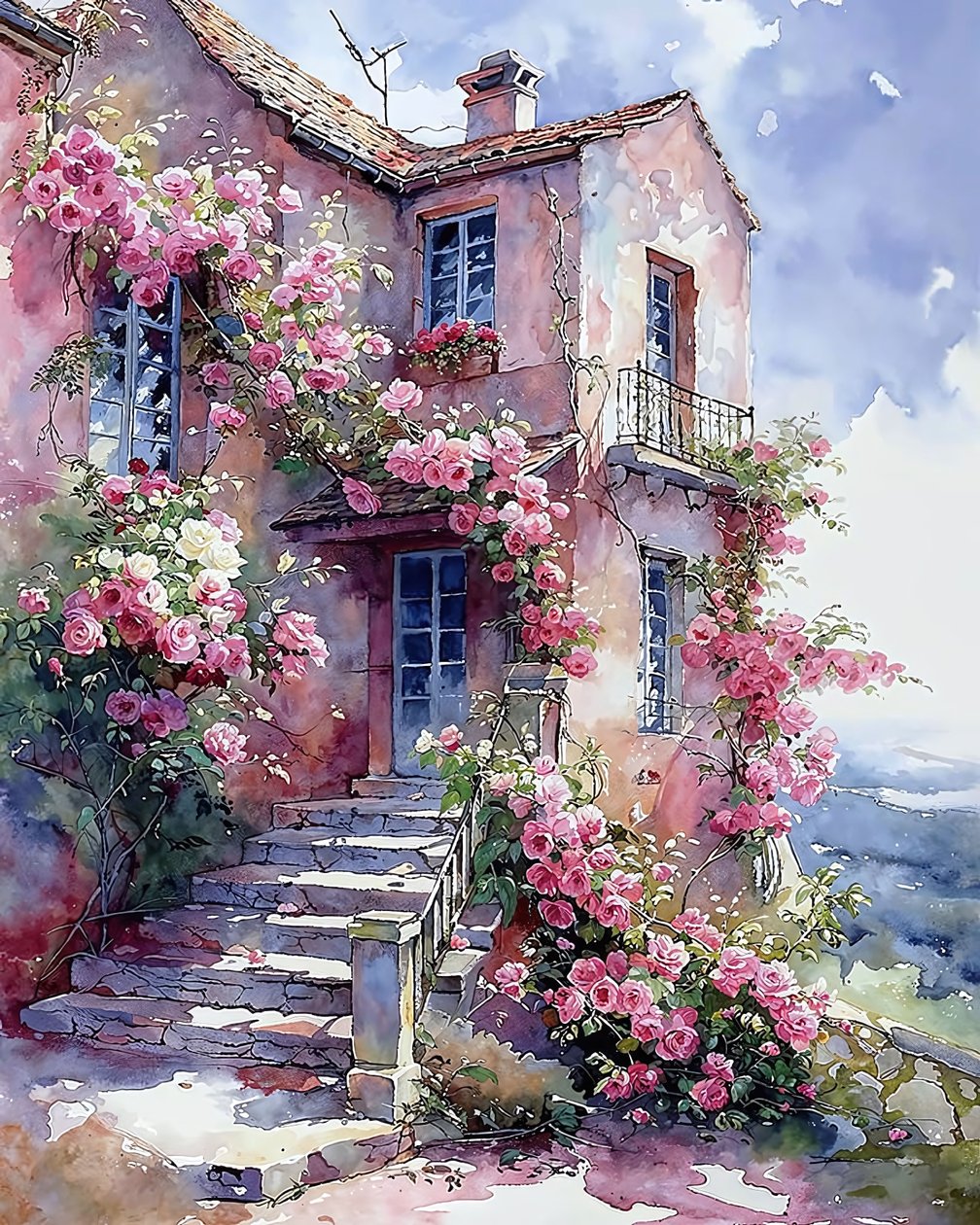Casa circondata da piante rampicanti con fiori rossi e rosa da F. Abderrahim