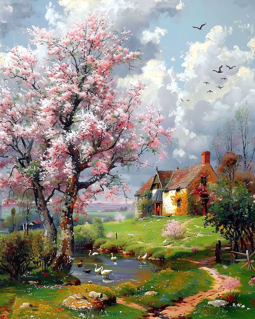 Vecchia casa e paesaggio con alberi in fiore, decorazione murale per qualsiasi stanza da F. Abderrahim