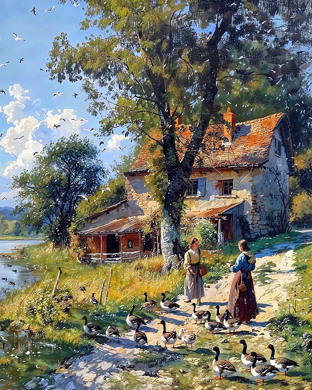 Ragazza di campagna si prende cura di uno stormo di anatre, vendita Wall Decor da F. Abderrahim