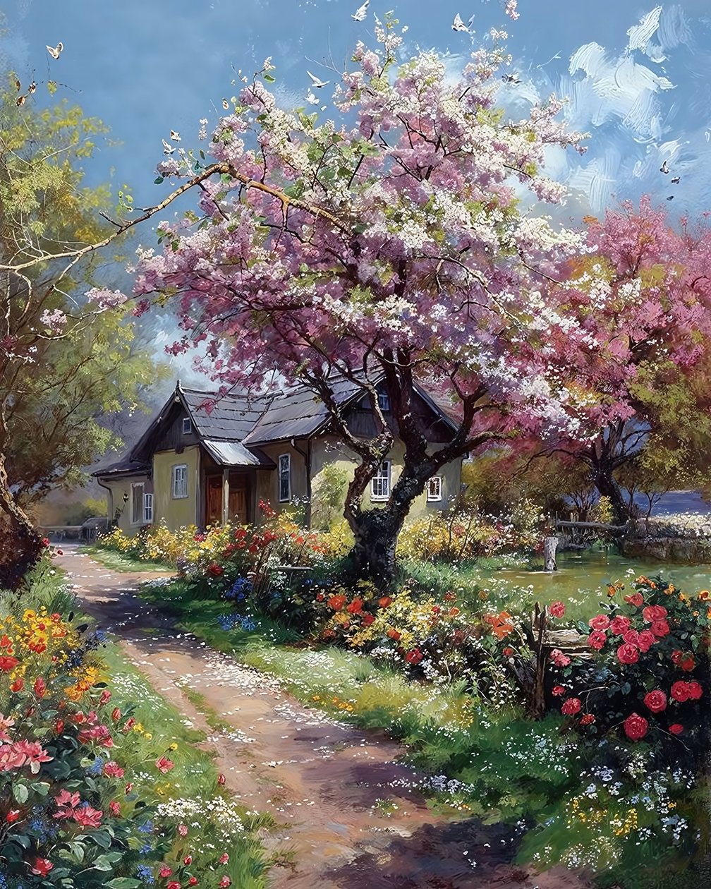 giardino di una casa di campagna in primavera, rose e fiori, vendita Wall Decor da F. Abderrahim