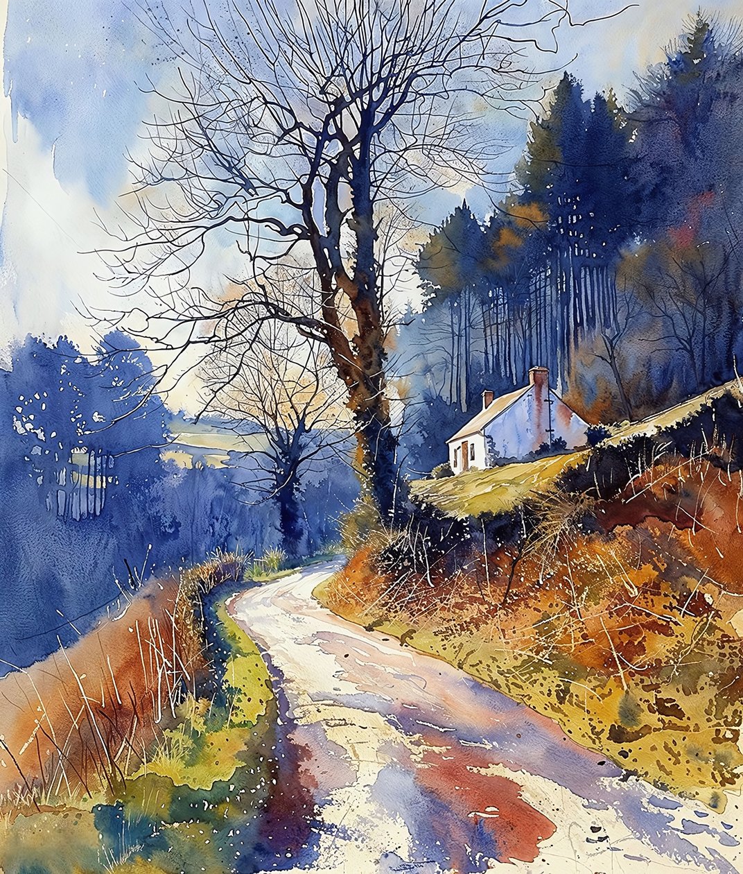 Strada di campagna a piedi attraverso la foresta, idee di decorazione murale moderna da F. Abderrahim