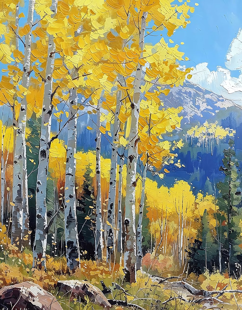 Alberi di betulla con foglie gialle e in autunno, decorazione da parete con cornice da F. Abderrahim
