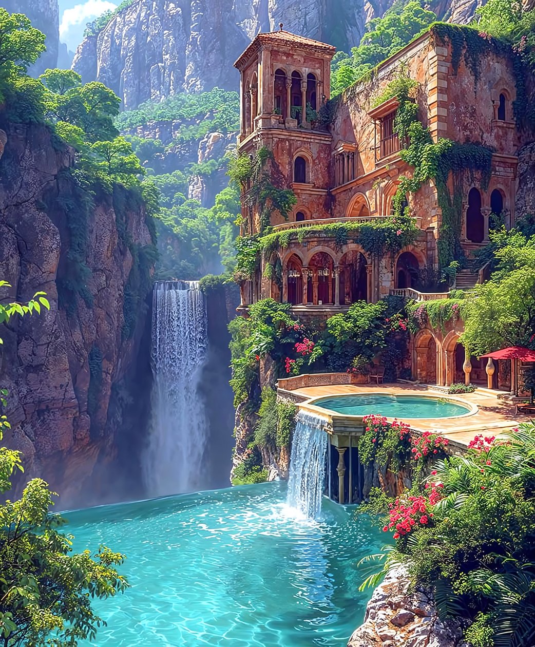 Cascate in una città surreale, che illustra la civiltà di Atlantide da F. Abderrahim