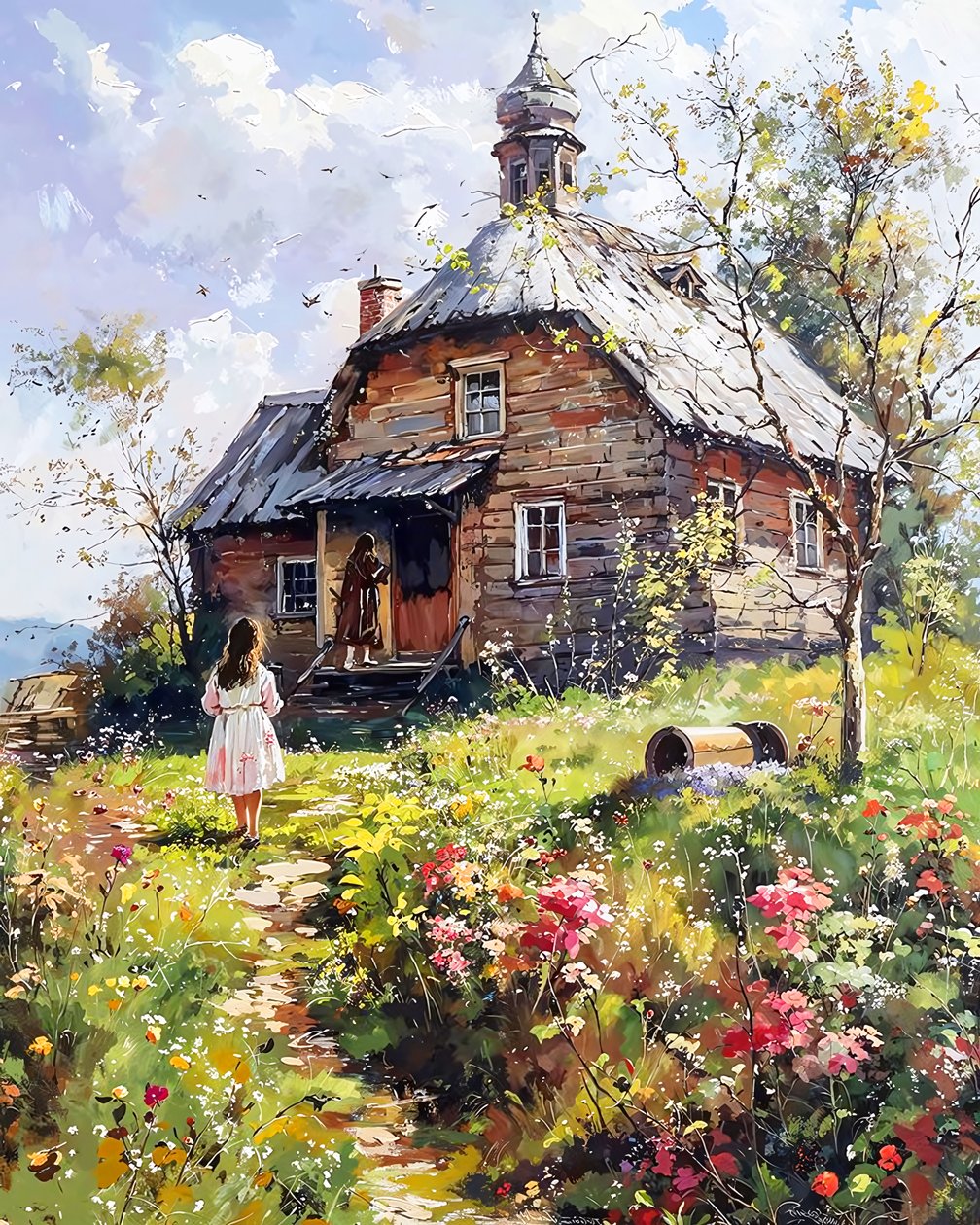 Una bambina e sua madre davanti a una casa di legno, parete Decor da F. Abderrahim