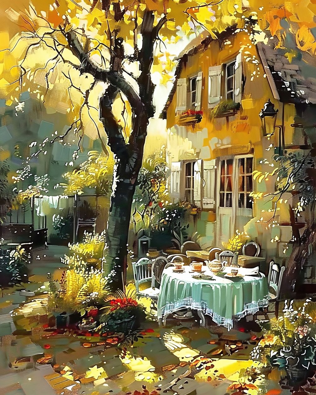 Tavolo da pranzo nel giardino di una casa in Francia, stampe d
