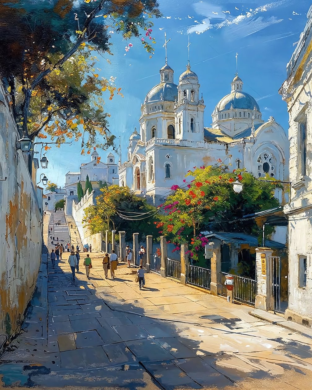 Una strada nel centro di una città mediterranea, un monumento dalle pareti bianche da F. Abderrahim