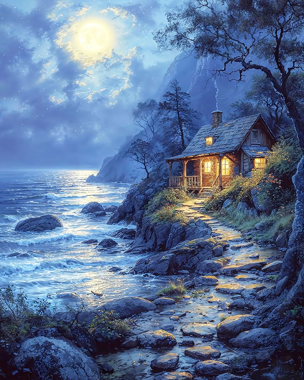 Casa sul bordo di un lago al chiaro di luna, colori blu, stampe su tela da F. Abderrahim