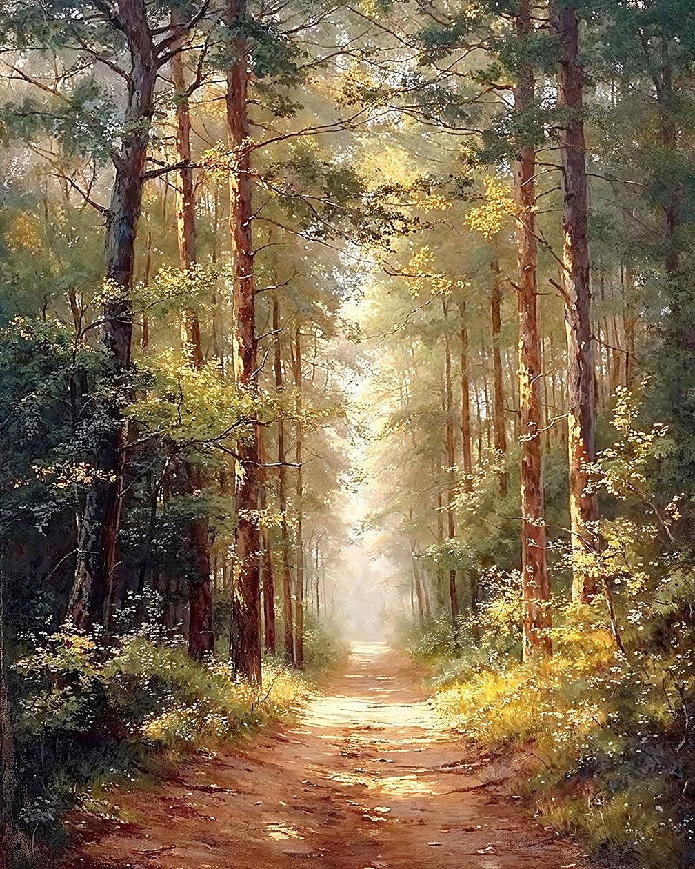 Lungo sentiero nella foresta di alberi alti, decorazione murale classica da F. Abderrahim