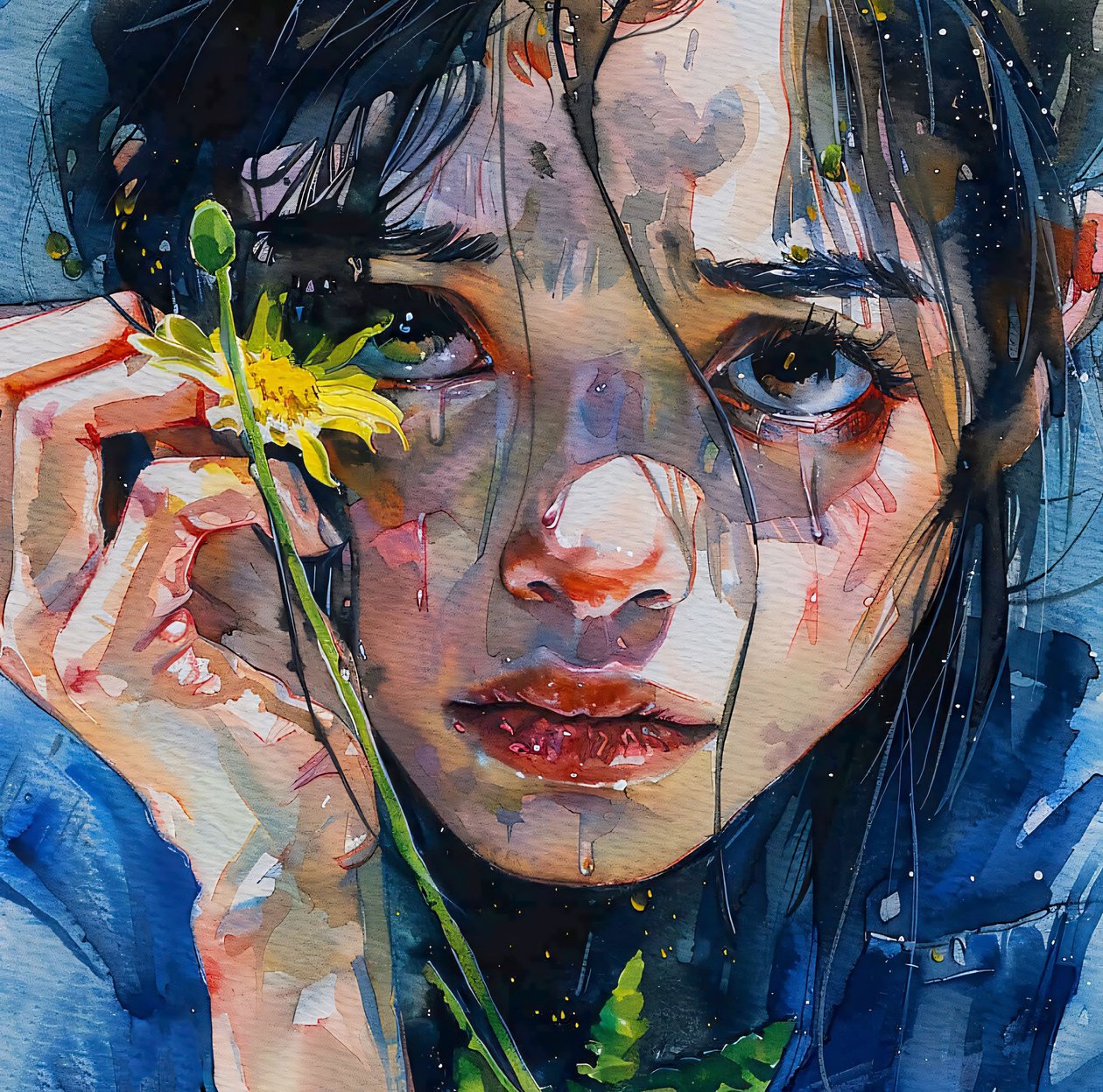 Una ragazza accarezza un fiore giallo, ritratto ravvicinato, stampa su tela online da F. Abderrahim