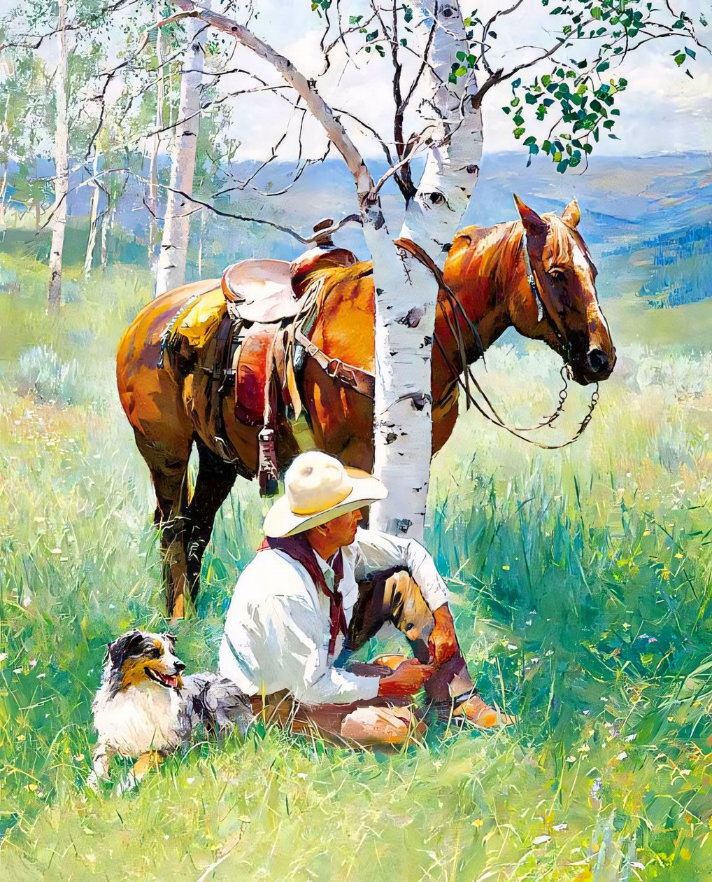Un cavaliere con il suo cane e il suo cavallo riposano sotto un albero, idee di decorazione murale da F. Abderrahim