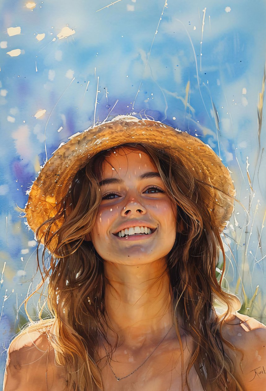 Bella donna con cappello e fluenti capelli castani in riva al mare da F. Abderrahim