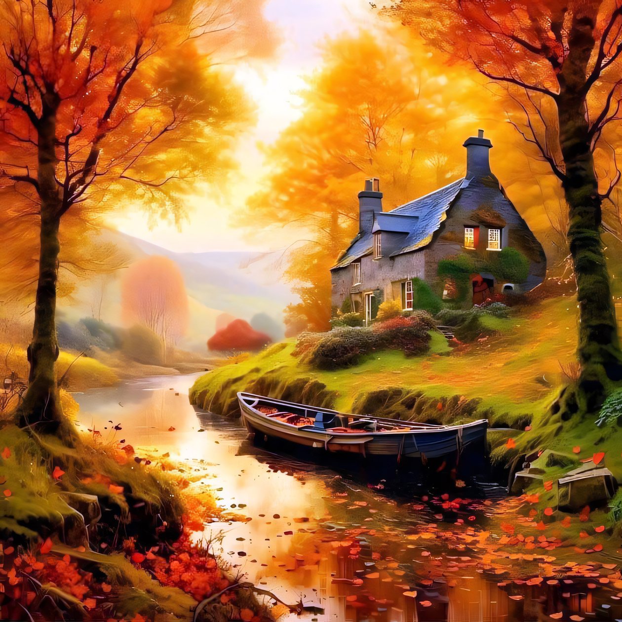 Pittura di una capanna nel bosco con un ruscello, paesaggio autunnale da F. Abderrahim