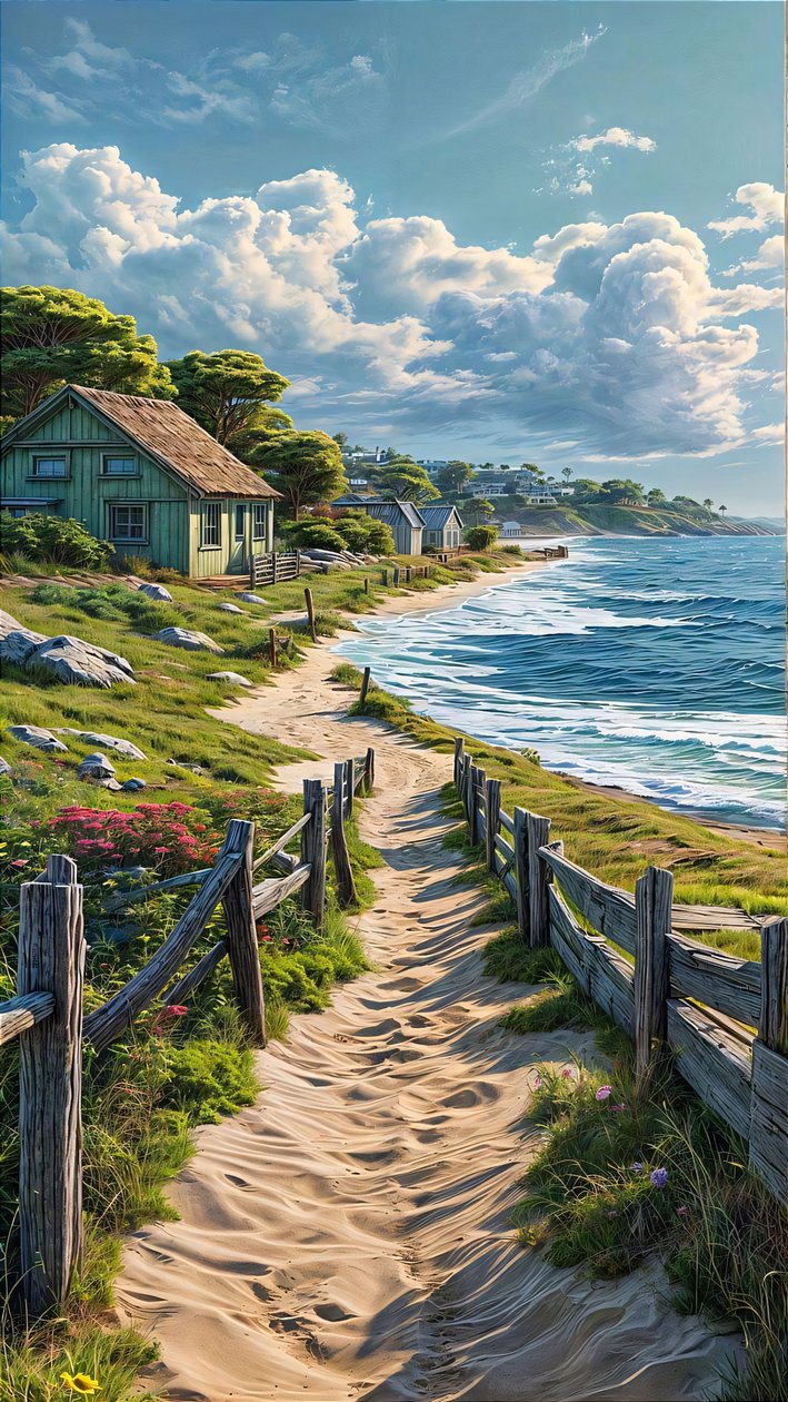 Un sentiero sabbioso conduce a un piccolo villaggio sul mare, idee per l
