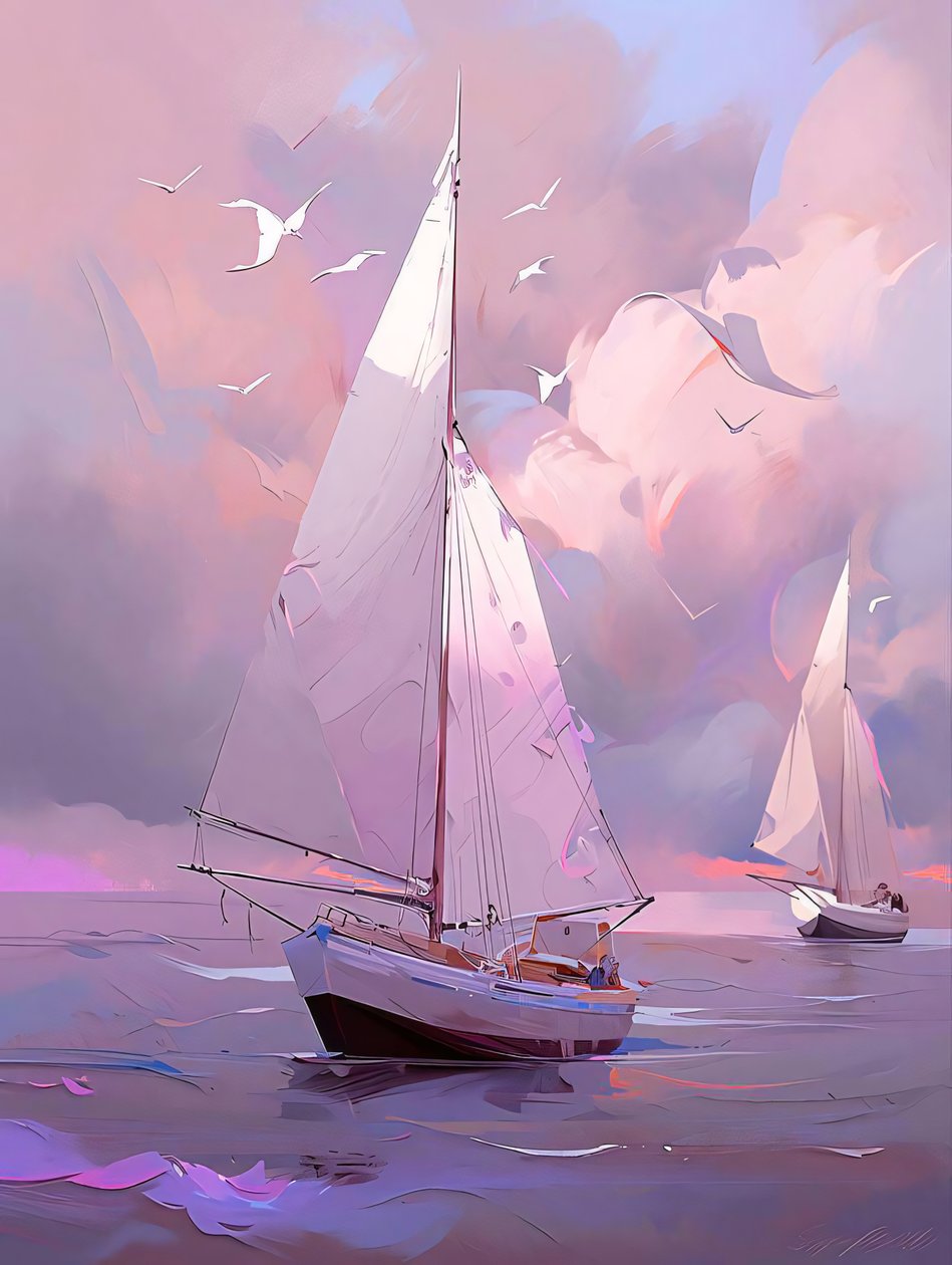 Barca a vela su sfondo bianco e blu, Tela e decorazioni murali con cornice da F. Abderrahim