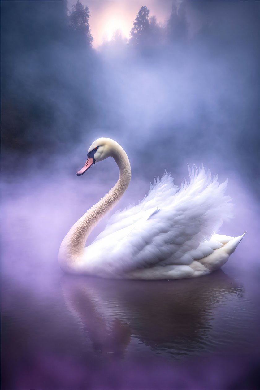 Cigno bianco con le ali aperte su una superficie acquatica calma, parete Home Decor da F. Abderrahim