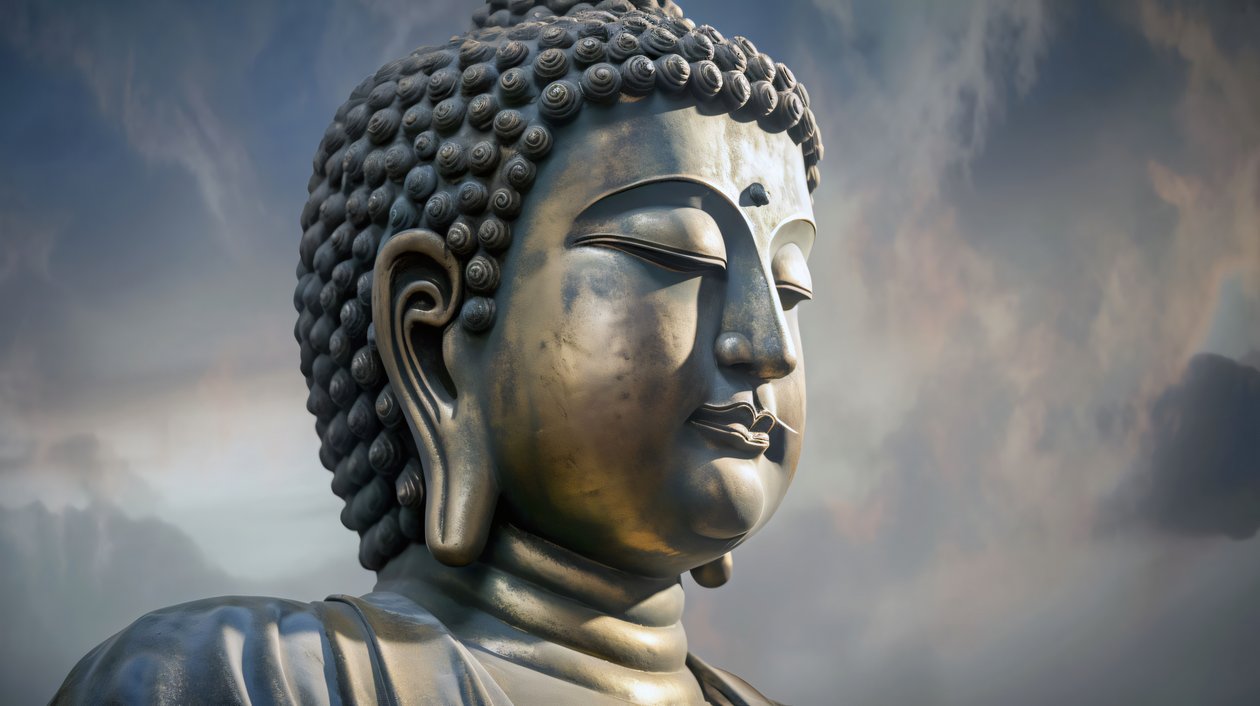 Ritratto di Buddha seduto in meditazione pacifica, stampa su tela con cornice su richiesta da F. Abderrahim