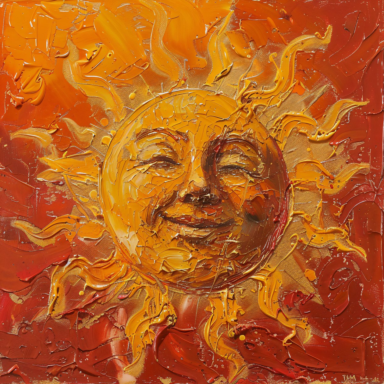 Un sole paffuto dipinto su uno sfondo rosso e velato, stampe d