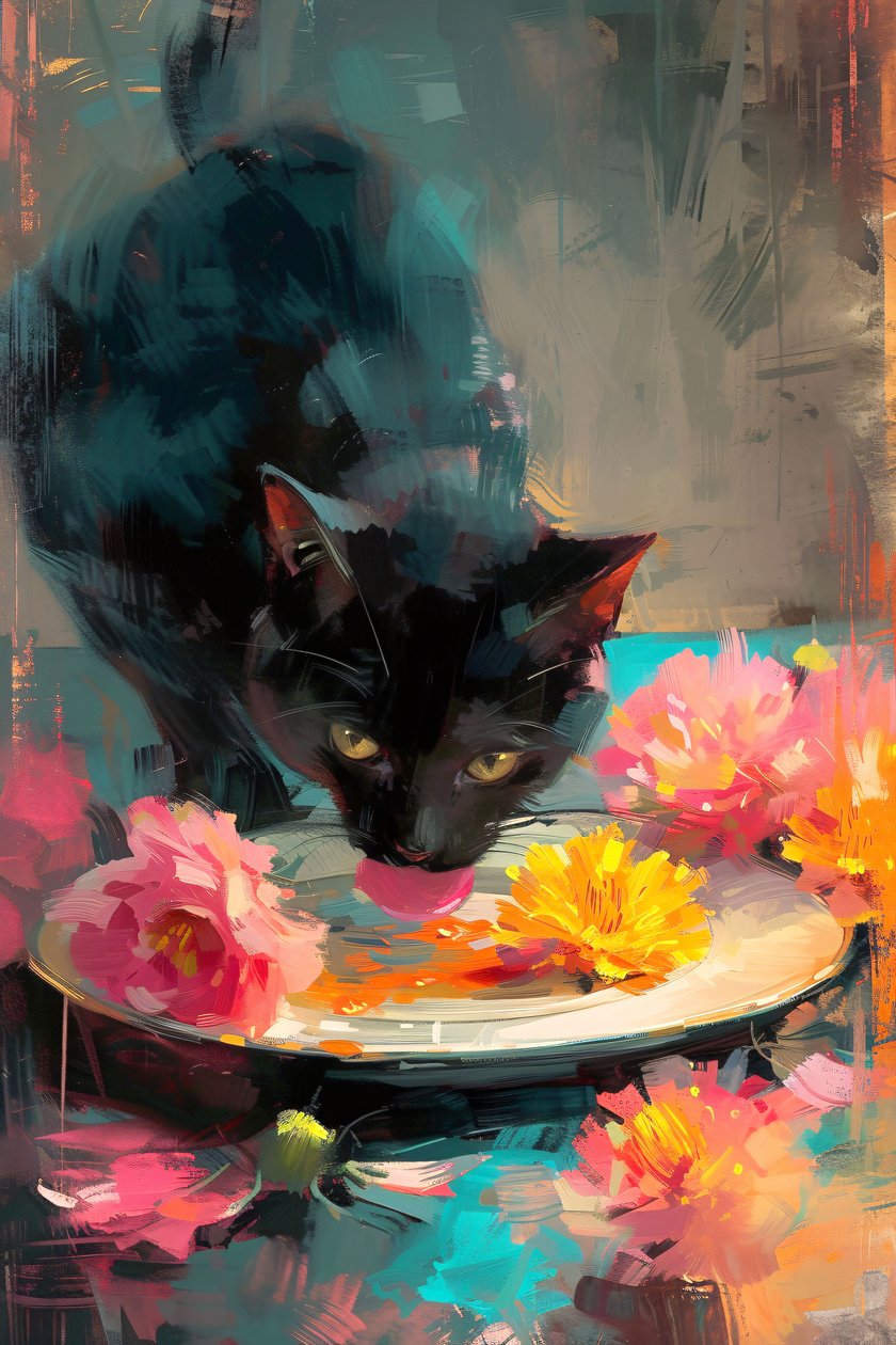 Gatto nero che mangia su un piatto di fiori, dipinto impressionista, stampe d