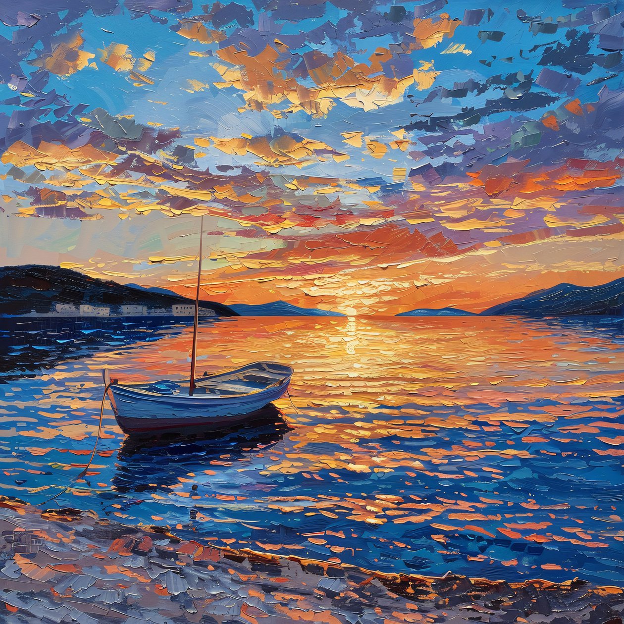 Barca sul fiume al tramonto Beautiful, Dalmazia, Croazia Olio su tela, vendita Wall Decor da F. Abderrahim