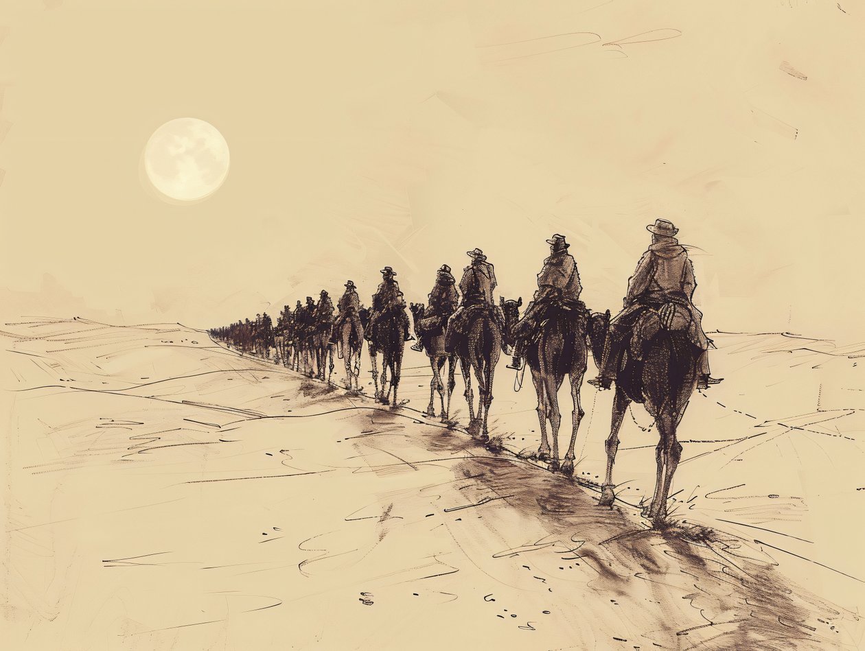 Desert Sun Procession Minimalist Single-Line Sketch, decorazione murale in vendita da F. Abderrahim