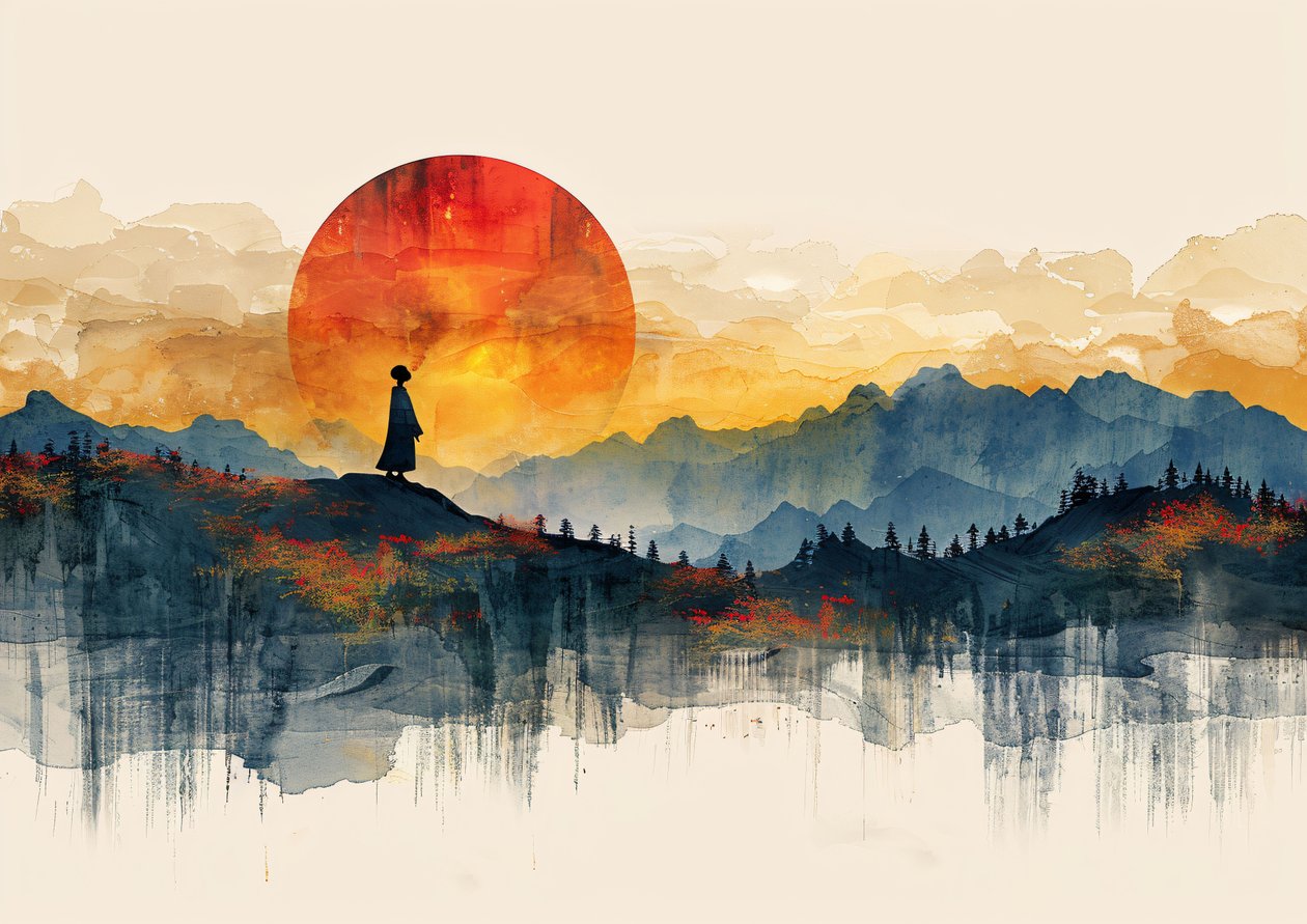 Geisha in piedi, paesaggio minimalista e tramonto, decorazione murale moderna | stampa su richiesta da F. Abderrahim