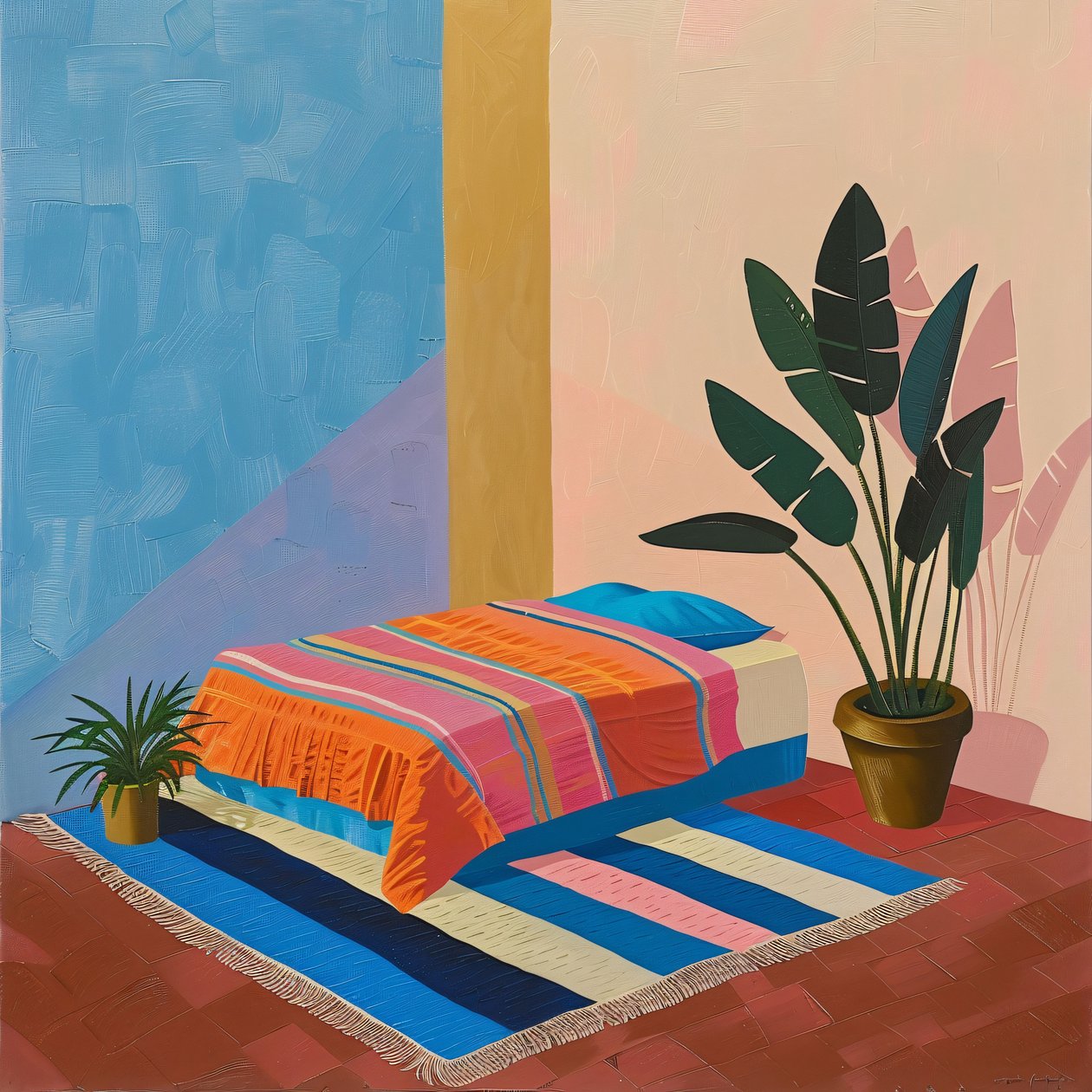 Letto messicano minimalista in stile David Hockney, stampe d