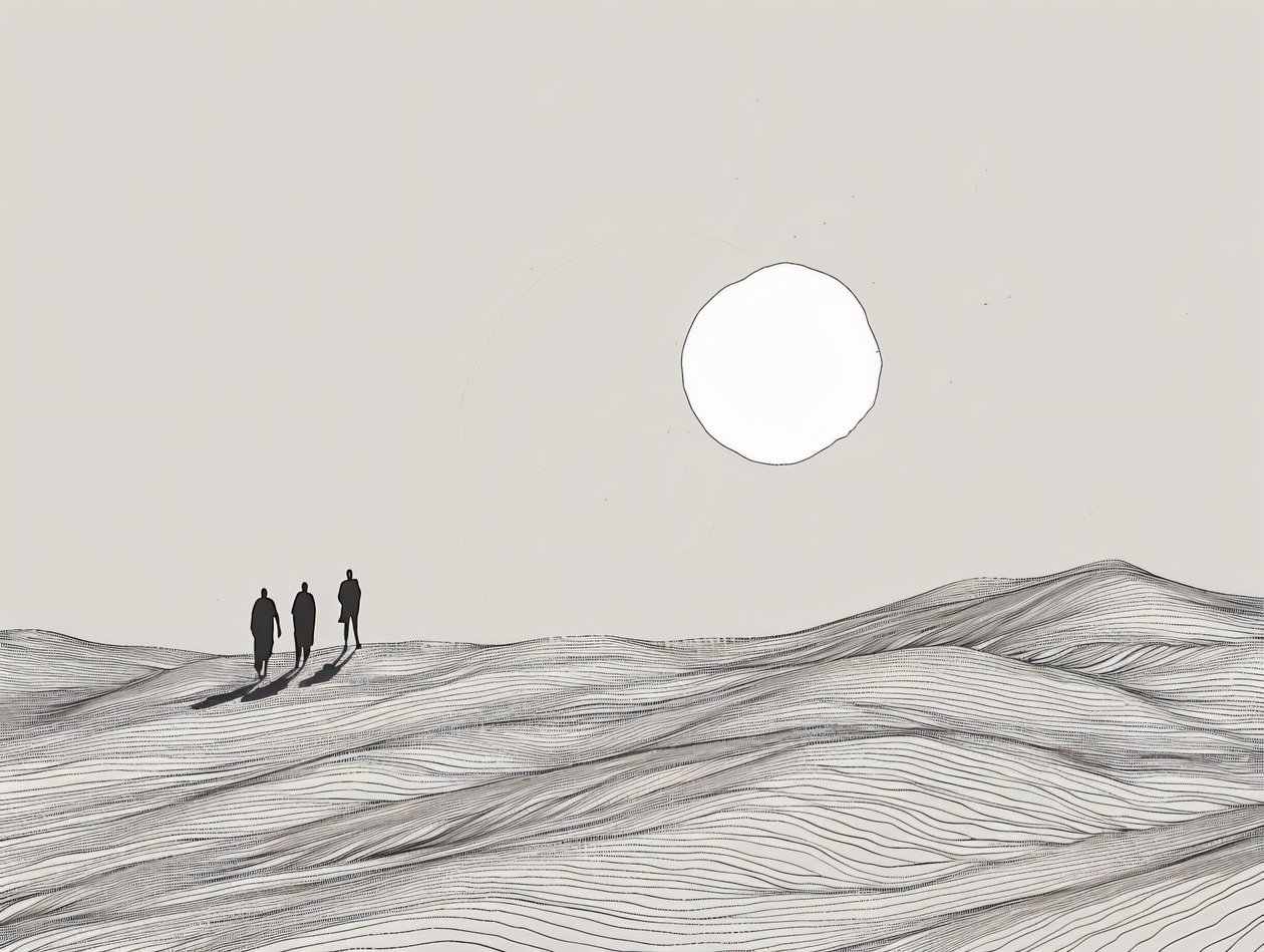 Schizzo minimalista, Uomini che camminano in una processione al sole del deserto, stampe d