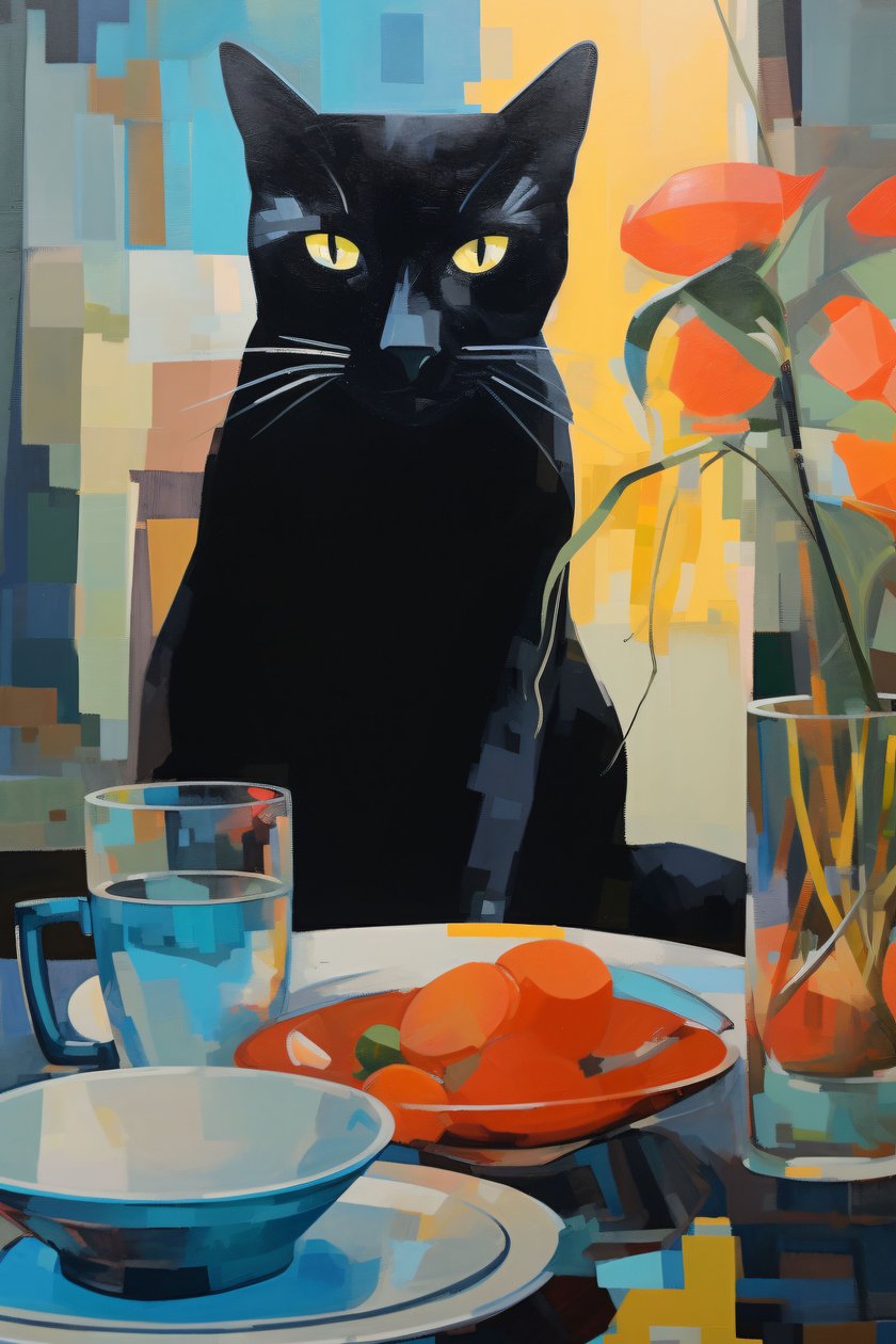 Quadro di un gatto nero che mangia su un piatto di fiori, stampe d