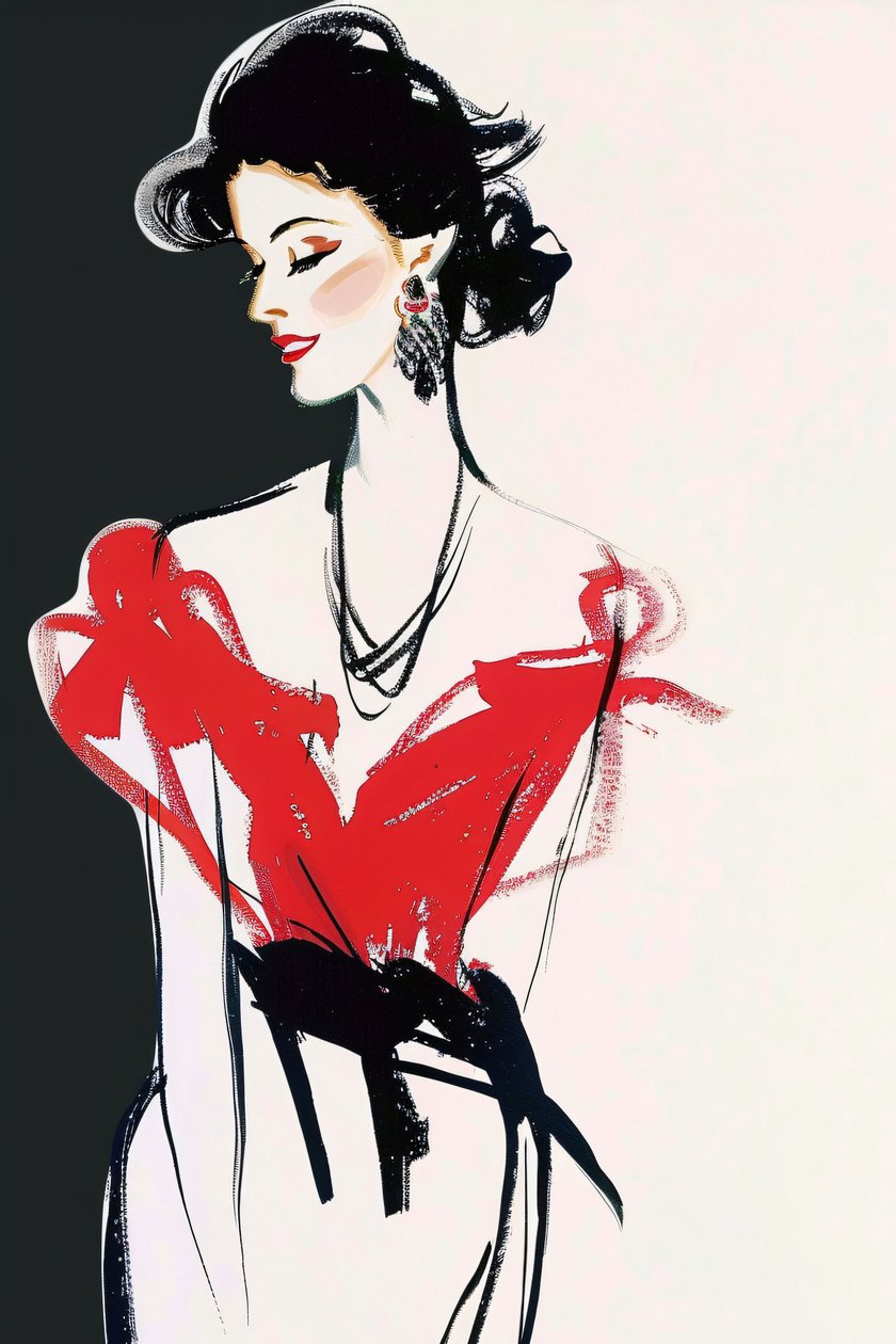 Moda Parigi, abito rosso e nero, stile René Gruau, trucco da donna francese in posa da F. Abderrahim
