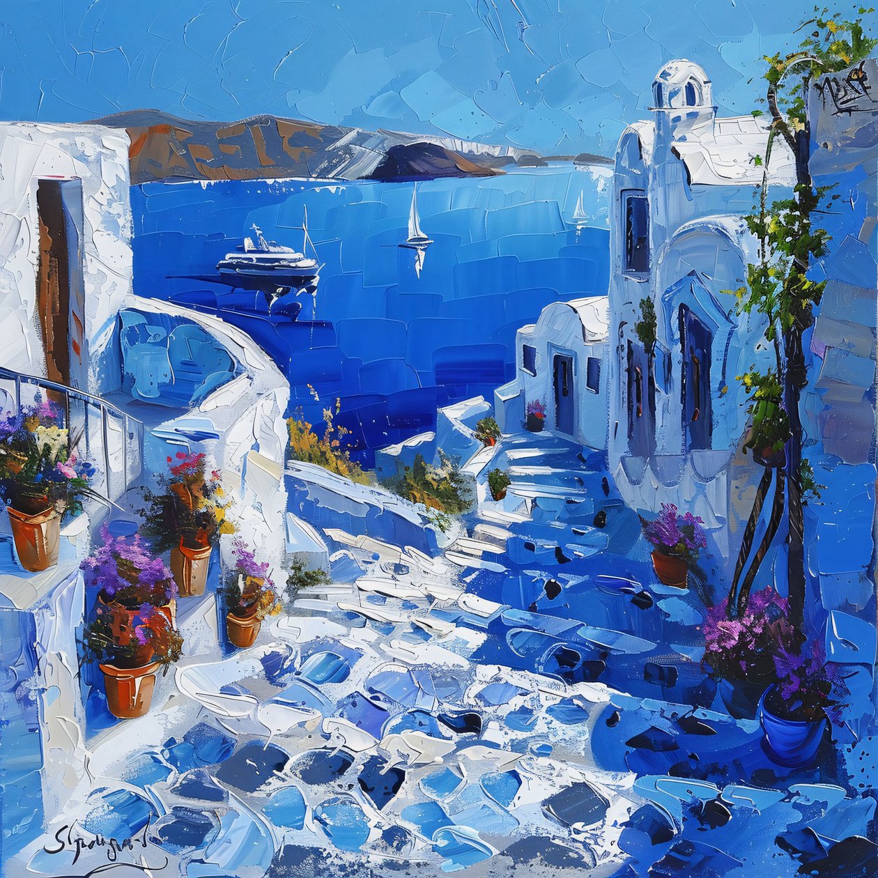 Santorini con bellissimi lampioni, stampe murali su tela e con cornice da F. Abderrahim