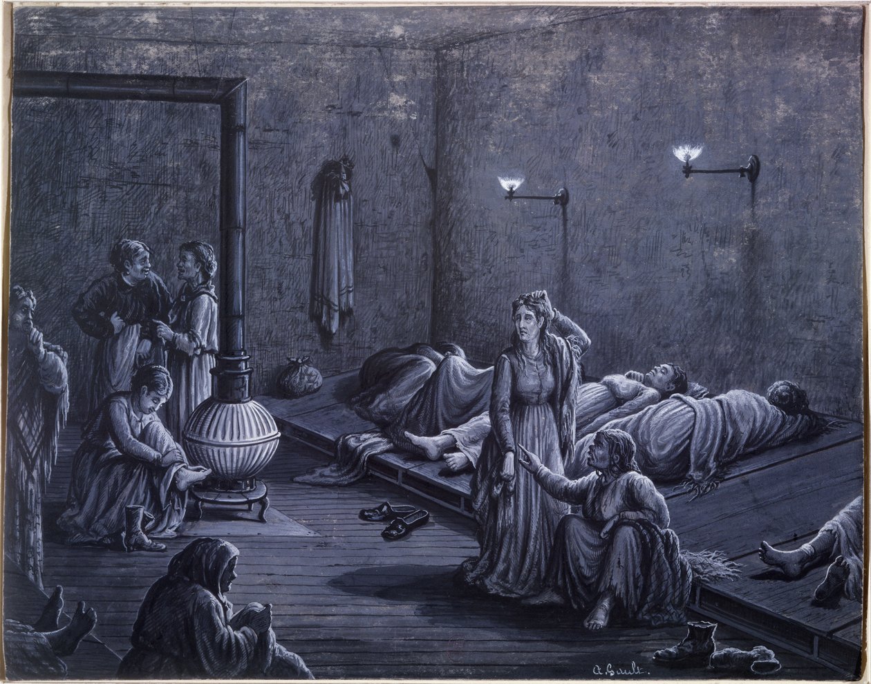 Interno di un rifugio notturno per donne povere, 1850-60 da A. Gault