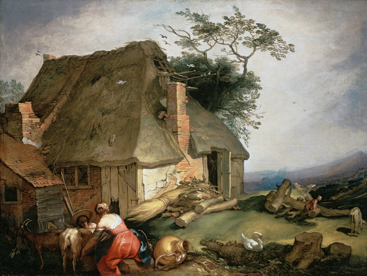 Una casetta con contadini che mungono capre da Abraham Bloemaert