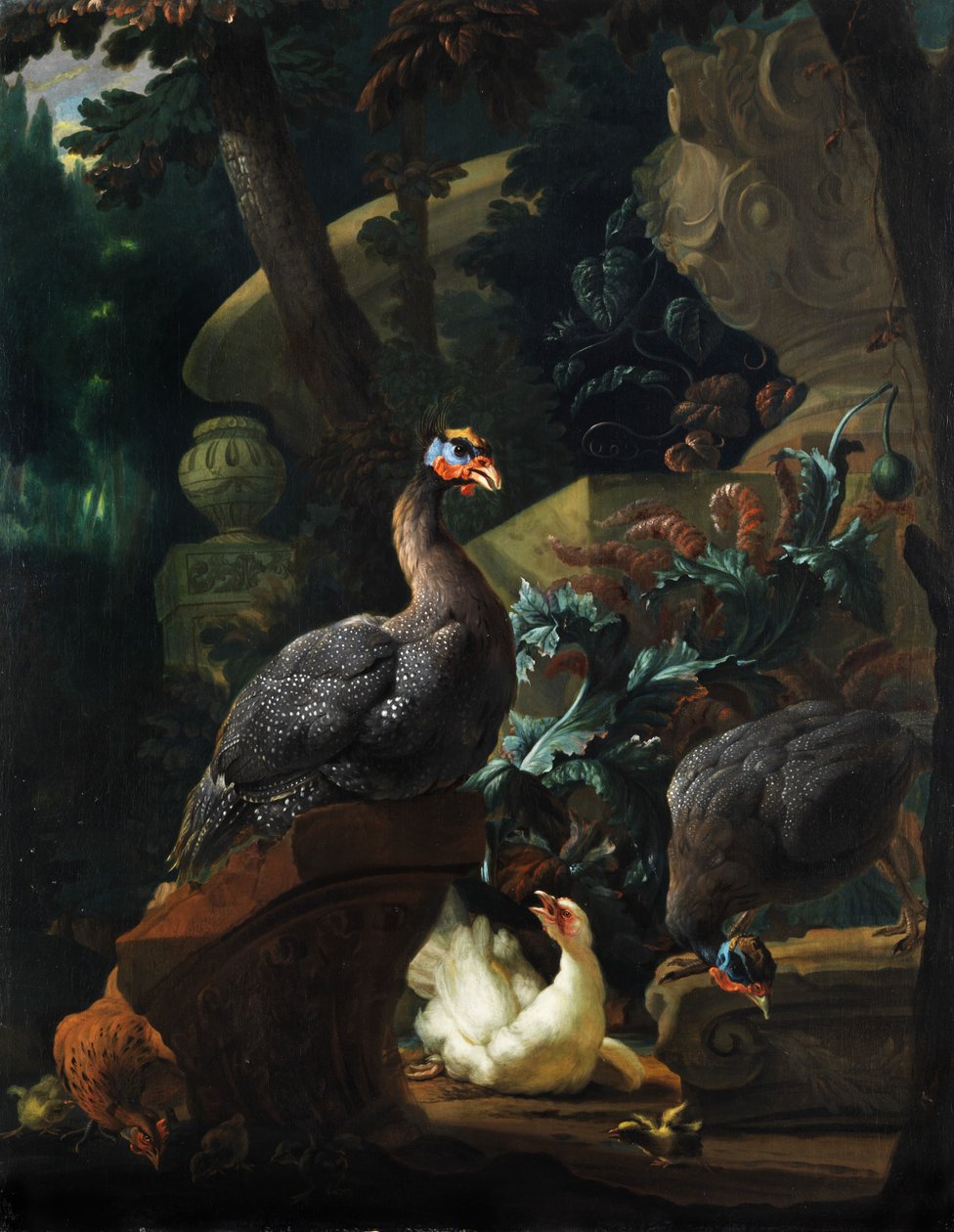 Paesaggio del parco con faraone, galline e pulcini da Abraham Busschop